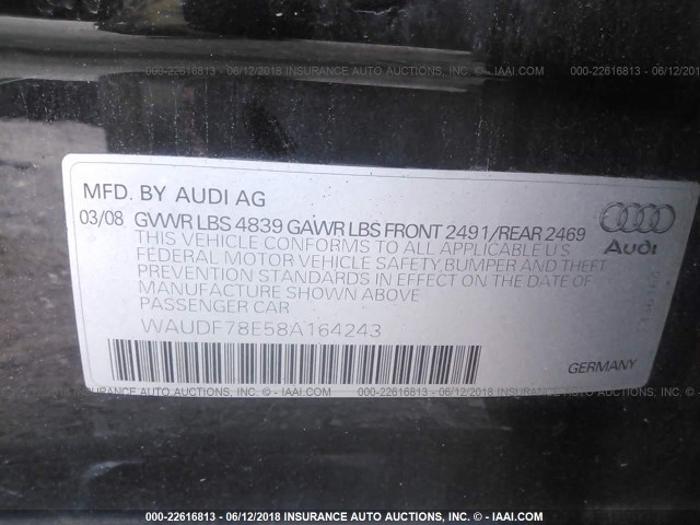 WAUDF78E58A164243 - 2008 AUDI A4 2.0T QUATTRO BLACK photo 9