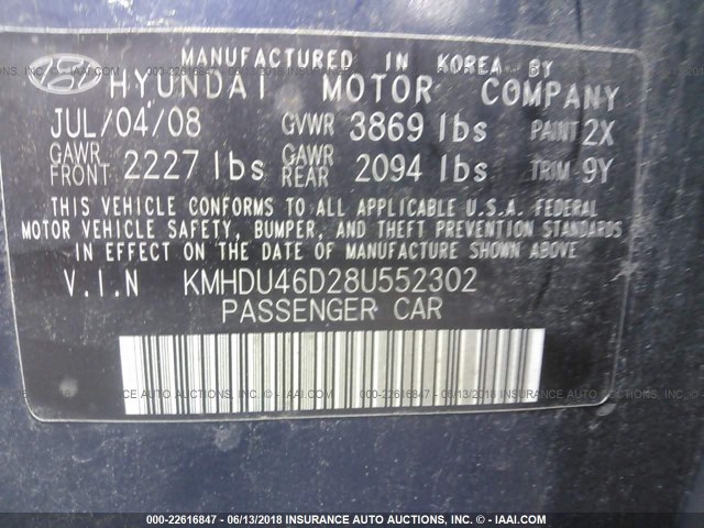 KMHDU46D28U552302 - 2008 HYUNDAI ELANTRA GLS/SE/LIMITED BLUE photo 9