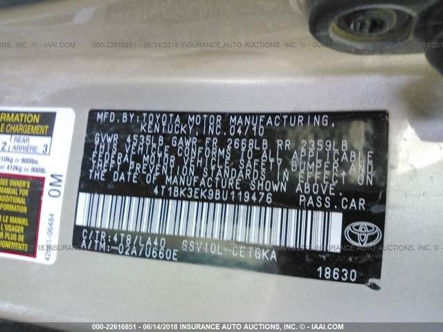 4T1BK3EK9BU119476 - 2011 TOYOTA CAMRY SE/LE/XLE ოქროსფერი ფოტო 9