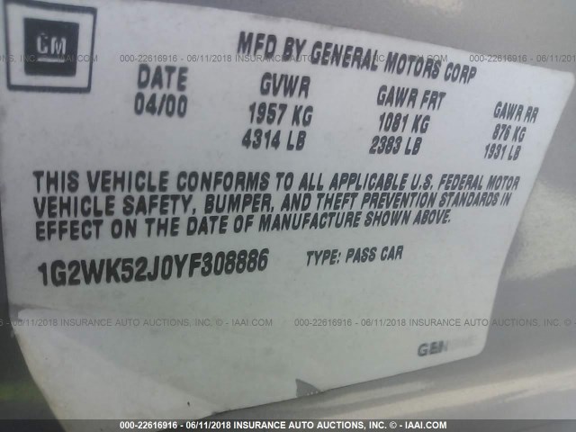1G2WK52J0YF308886 - 2000 PONTIAC GRAND PRIX SE1 SILVER photo 9
