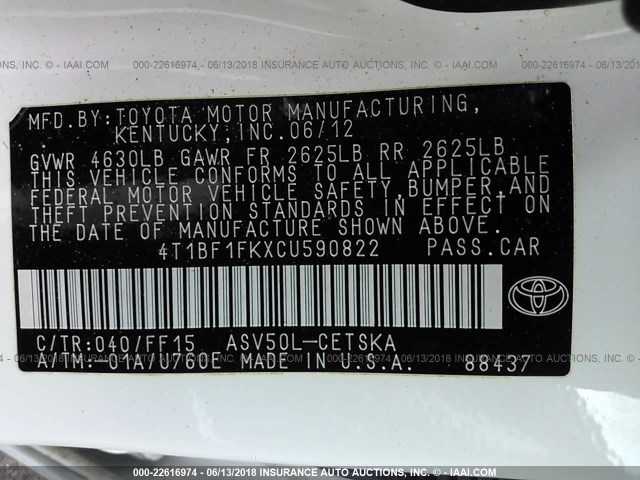 4T1BF1FKXCU590822 - 2012 TOYOTA CAMRY SE/LE/XLE WHITE photo 9