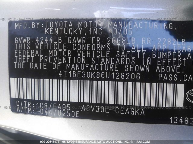 4T1BE30K86U128206 - 2006 TOYOTA CAMRY LE/XLE/SE Gümüş foto 9