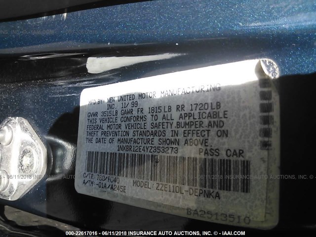 1NXBR12E4YZ353273 - 2000 TOYOTA COROLLA VE/CE/LE 灰色 照片 9