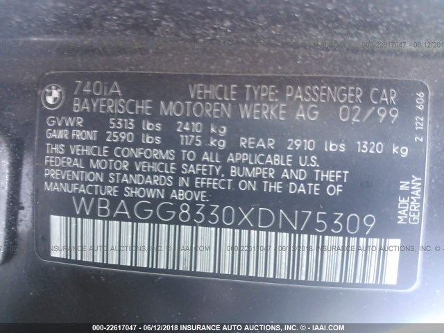 WBAGG8330XDN75309 - 1999 BMW 740 I AUTOMATIC BLACK photo 9