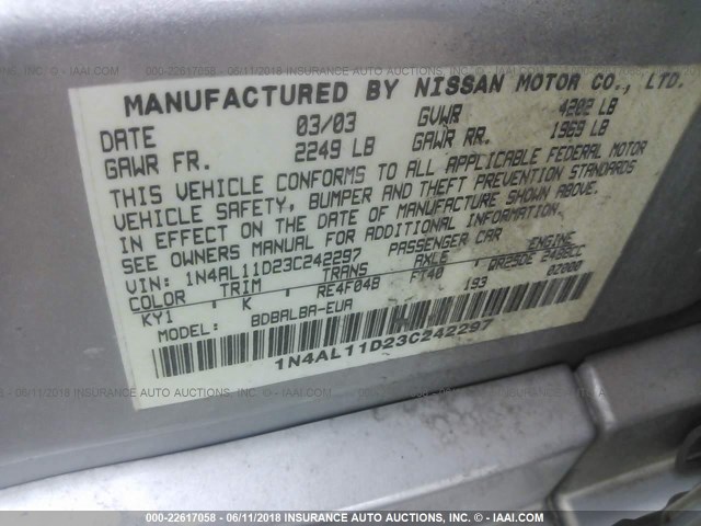 1N4AL11D23C242297 - 2003 NISSAN ALTIMA S/SL SILVER photo 9