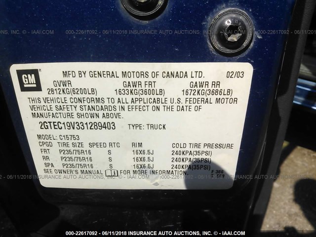 2GTEC19V331289403 - 2003 GMC NEW SIERRA C1500 BLUE photo 9