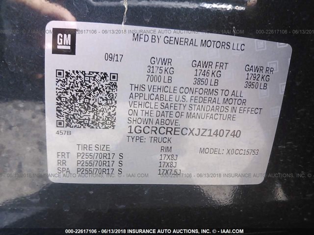 1GCRCRECXJZ140740 - 2018 CHEVROLET SILVERADO C1500 LT GRAY photo 9