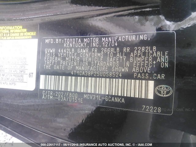 4T1CA38P25U058524 - 2005 TOYOTA CAMRY SOLARA SE/SLE 黑色 照片 9