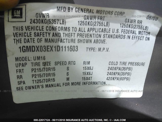 1GMDX03EX1D111603 - 2001 PONTIAC MONTANA GRAY photo 9