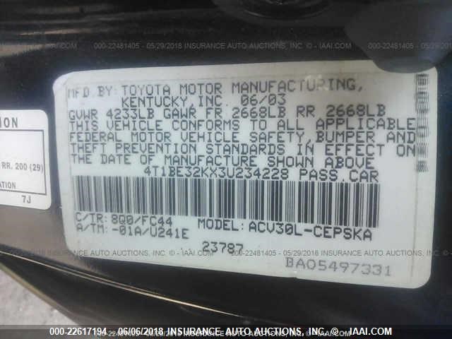 4T1BE32KX3U234228 - 2003 TOYOTA CAMRY LE/XLE/SE Unknown photo 9