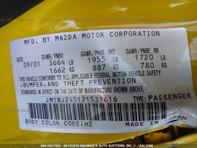 JM1BJ245121531616 - 2002 MAZDA PROTEGE PR5 黄色 照片 9