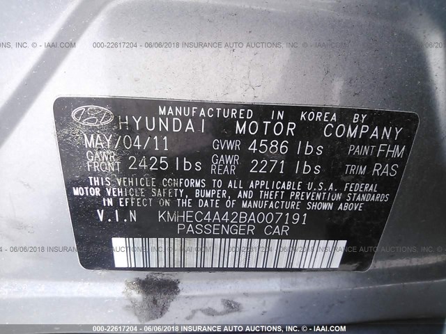 KMHEC4A42BA007191 - 2011 HYUNDAI SONATA HYBRID GRAY photo 9