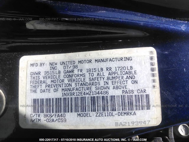 1NXBR12E4WZ134486 - 1998 TOYOTA COROLLA VE/CE/LE 蓝色 照片 9