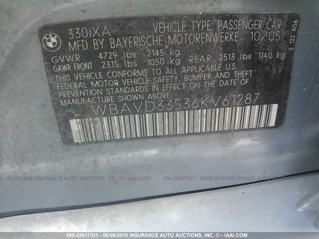 WBAVD33536KV61287 - 2006 BMW 330 XI BLUE photo 9