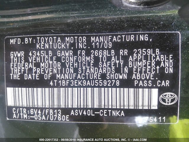 4T1BF3EK9AU559278 - 2010 TOYOTA CAMRY SE/LE/XLE GREEN photo 9