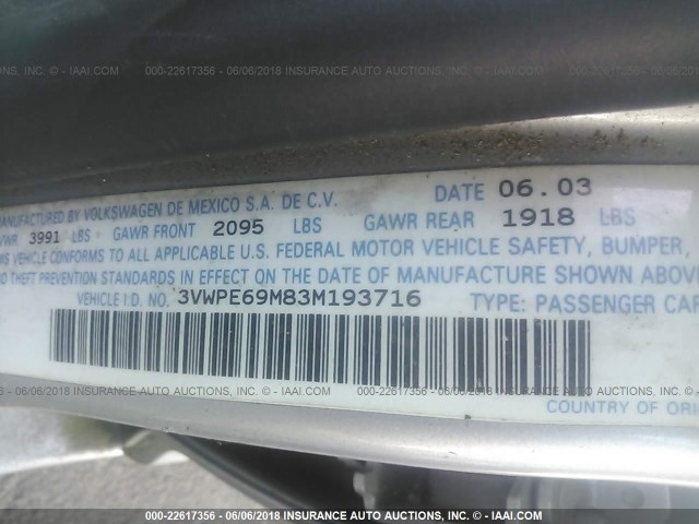 3VWPE69M83M193716 - 2003 VOLKSWAGEN JETTA WOLFSBURG 银色 照片 9