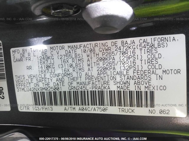 3TMLU42NX9M025001 - 2009 TOYOTA TACOMA DOUBLE CAB ნაცრისფერი ფოტო 9