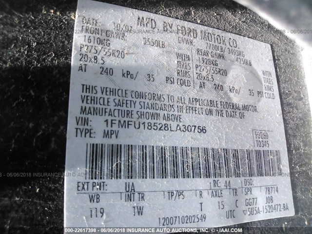 1FMFU18528LA30756 - 2008 FORD EXPEDITION EDDIE BAUER შავი ფოტო 9