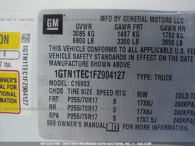 1GTN1TEC1FZ904127 - 2015 GMC SIERRA C1500 WHITE photo 9