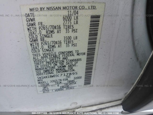 5N1AR18W05C717895 - 2005 NISSAN PATHFINDER LE/SE/XE WHITE photo 9