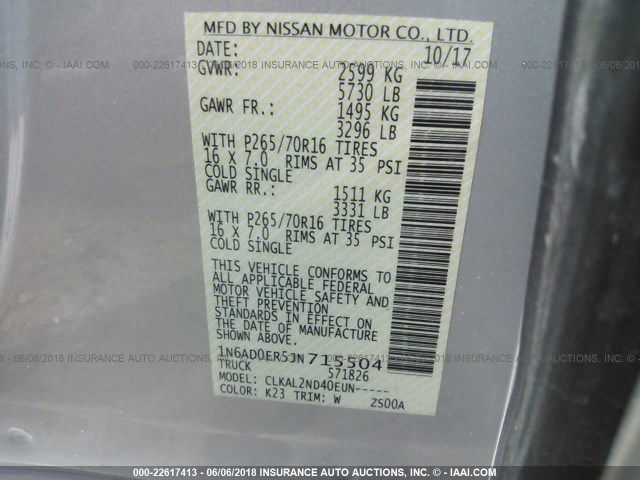 1N6AD0ER5JN715504 - 2018 NISSAN FRONTIER S/SV/SL/PRO-4X SILVER photo 9