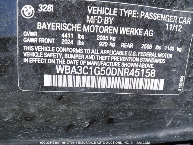 WBA3C1G50DNR45158 - 2013 BMW 328 I SULEV BLACK photo 9