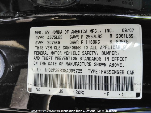 1HGCP36838A005725 - 2008 HONDA ACCORD EXL BLACK photo 9