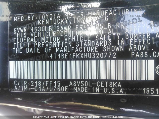 4T1BF1FKXHU320772 - 2017 TOYOTA CAMRY LE/XLE/SE/XSE BLACK photo 9