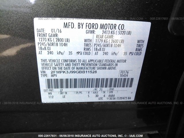 2FMPK3J99GBB11528 - 2016 FORD EDGE SEL GRAY photo 9