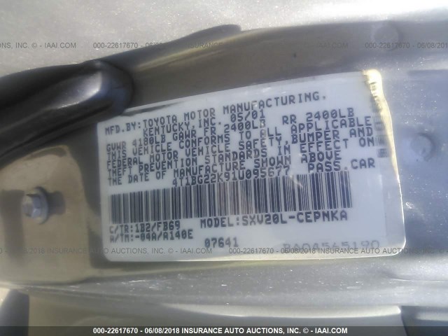 4T1BG22K91U095677 - 2001 TOYOTA CAMRY CE/LE/XLE ნაცრისფერი ფოტო 9