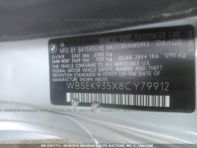 WBSEK935X8CY79912 - 2008 BMW M6 Light Blue photo 9