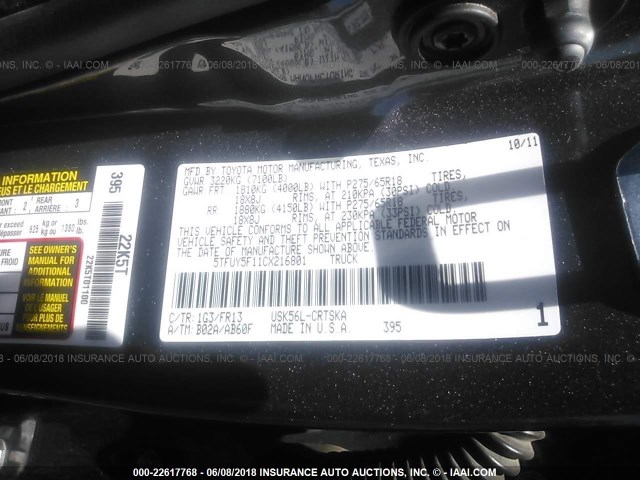 5TFUY5F11CX216801 - 2012 TOYOTA TUNDRA DOUBLE CAB SR5 GRAY photo 9