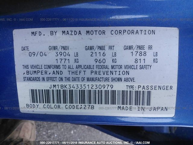 JM1BK343351230979 - 2005 MAZDA 3 HATCHBACK BLUE photo 9