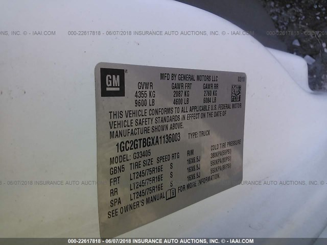 1GC2GTBGXA1136003 - 2010 CHEVROLET EXPRESS G3500  白色 照片 9