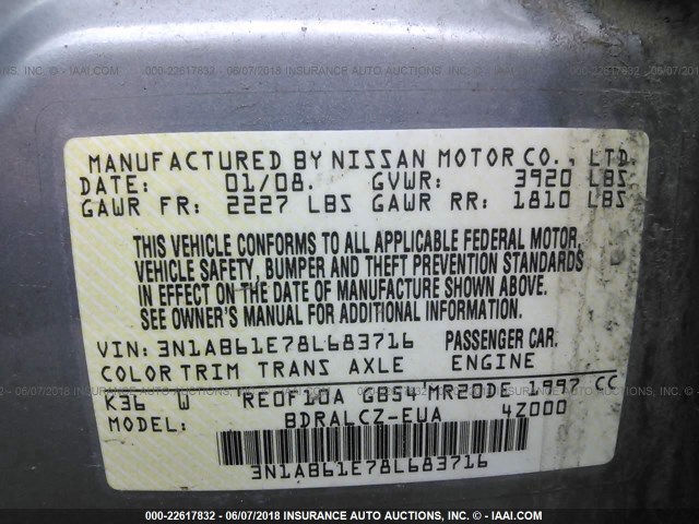 3N1AB61E78L683716 - 2008 NISSAN SENTRA 2.0/2.0S/2.0SL GRAY photo 9