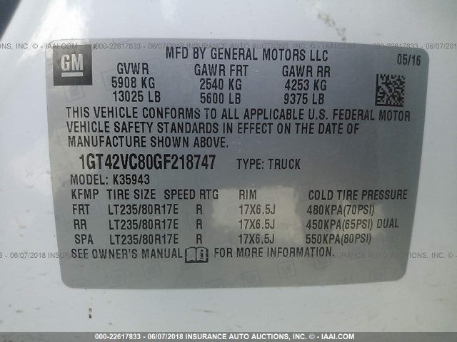 1GT42VC80GF218747 - 2016 GMC SIERRA K3500 WHITE photo 9