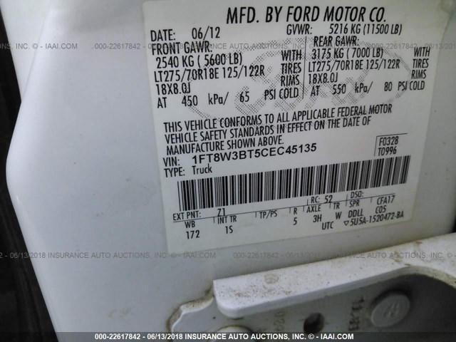 1FT8W3BT5CEC45135 - 2012 FORD F350 SUPER DUTY WHITE photo 9