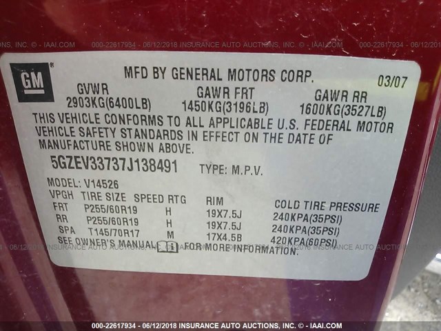 5GZEV33737J138491 - 2007 SATURN OUTLOOK SPECIAL წითელი ფოტო 9