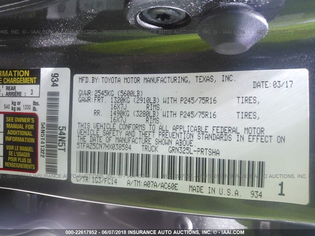 5TFAZ5CN7HX038584 - 2017 TOYOTA TACOMA DBL CAB/SR5/TRD SPORT/OR GRAY photo 9