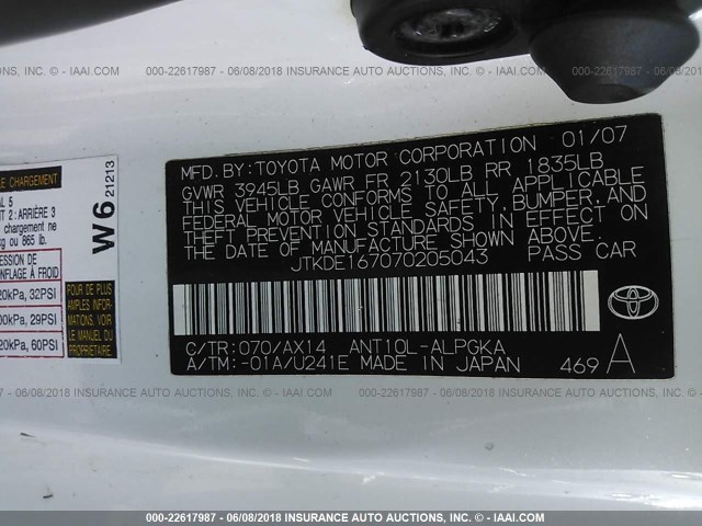 JTKDE167070205043 - 2007 TOYOTA SCION TC 白色 照片 9