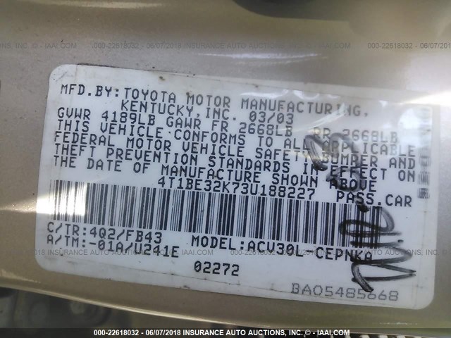 4T1BE32K73U188227 - 2003 TOYOTA CAMRY LE/XLE/SE ოქროსფერი ფოტო 9