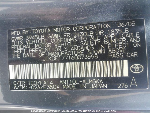 JTKDE177160073598 - 2006 TOYOTA SCION TC GRAY photo 9