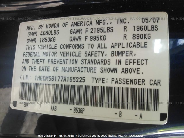 1HGCM56177A165225 - 2007 HONDA ACCORD VALUE BLUE photo 9