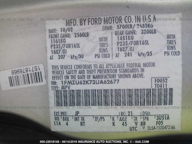 1FMZU62K73UA62677 - 2003 FORD EXPLORER XLS/XLS SPORT SILVER photo 9