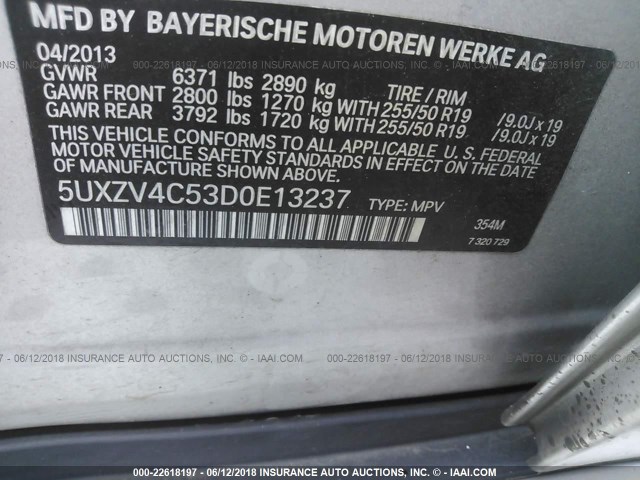 5UXZV4C53D0E13237 - 2013 BMW X5 XDRIVE35I SILVER photo 9