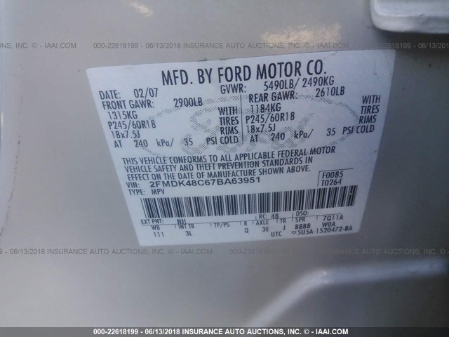 2FMDK48C67BA63951 - 2007 FORD EDGE SEL WHITE photo 9