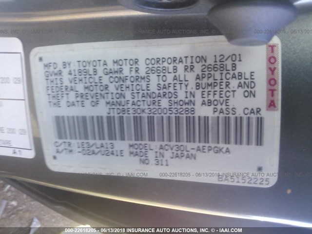 JTDBE30K320053288 - 2002 TOYOTA CAMRY LE/XLE/SE ნაცრისფერი ფოტო 9