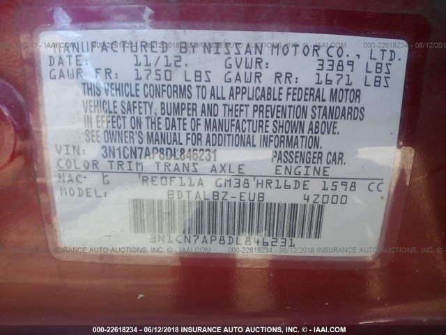 3N1CN7AP8DL846231 - 2013 NISSAN VERSA S/S PLUS/SV/SL RED photo 9