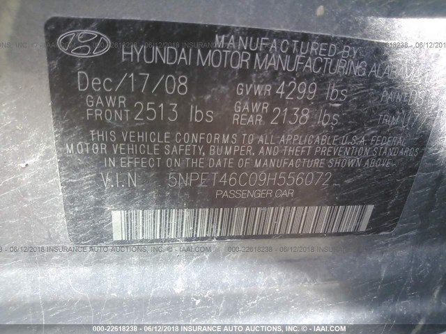 5NPET46C09H556072 - 2009 HYUNDAI SONATA GLS GRAY photo 9