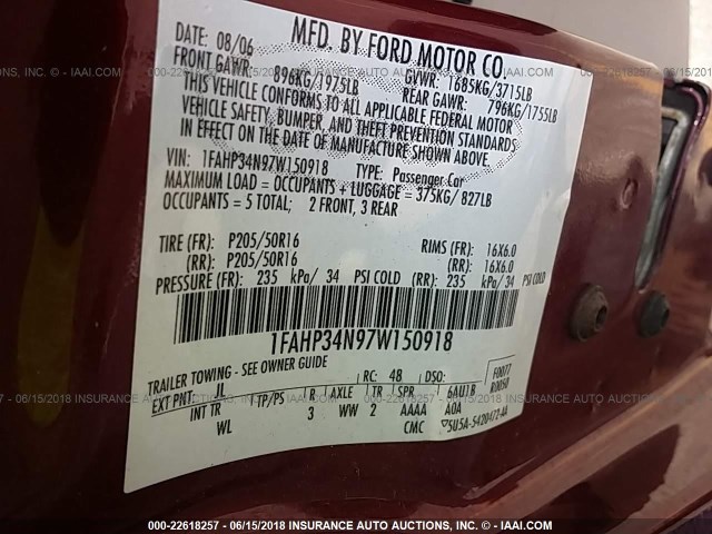 1FAHP34N97W150918 - 2007 FORD FOCUS ZX4/S/SE/SES 栗色 照片 9